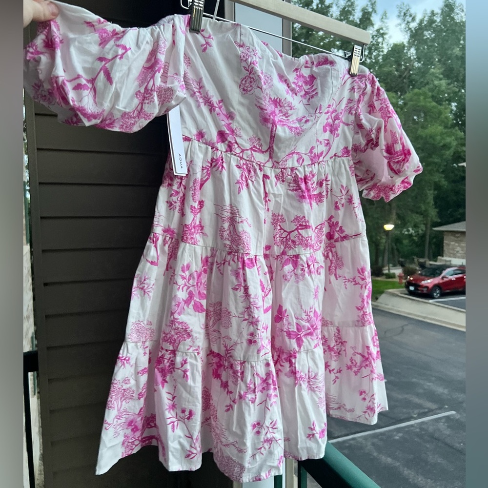 🆕 🌸 AQUA Pink Toile Off-Shoulder Cotton Mini Dress Bloomingdale’s Exclusive S - Picture 3 of 13